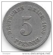 Germany Empire 5 Pfennig 1900 A  Km 11    Vf+ - 5 Pfennig
