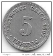 *empire 5 Pfennig 1907  D  Km 11    Xf - 5 Pfennig