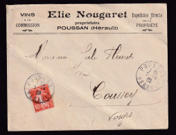 DDFF 404 -- VINS FRANCE - Enveloppe TP Semeuse POUSSAN Hérault 1909 - Entete Elie Nougaret, Propriétaire - Vins & Alcools
