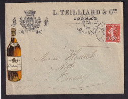 DDFF 411 -- ALCOOLS De FRANCE - Enveloppe TP Semeuse COGNAC 1909 - Illustration Cognac Teillard § Cie - Vins & Alcools