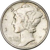 Monnaie, États-Unis, Mercury Dime, Dime, 1944, U.S. Mint, Philadelphie, TTB+ - 1916-1945: Mercury