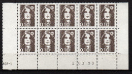 Coin Daté - YT N° 2617** Marianne De Briat 10 C. Bistre-noir - Bloc De 10 Timbres - Daté Du 2-.3-90 - 1980-1989