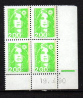 Coin Daté - YT N° 2621** Marianne De Briat 2,00 F  Vert Clair - Bloc De 4 Timbres - Daté Du 19-4-90 - 1980-1989