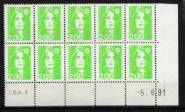 Coin Daté - YT N° 2621** Marianne De Briat 2,00 F  Vert Clair - Bloc De 10 Timbres - Daté Du 5-6-91 - 1980-1989