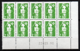 Coin Daté - YT N° 2622** Marianne De Briat 2,10 F  Vert  - Bloc De 10 Timbres - Daté Du 22-05-90 - 1980-1989