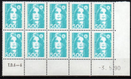 Coin Daté - YT N° 2625** Marianne De Briat 5,00 F  Bleu Vert  - Bloc De 10 Timbres - Daté Du 3-5-90 - 1980-1989