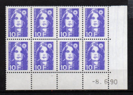 Coin Daté - YT N° 2626** Marianne De Briat 10,00 F  Violet  - Bloc De 8 Timbres - Daté Du 8-6-90 - 1980-1989