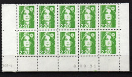 Coin Daté - YT N° 2714** Marianne De Briat 2,20 F Vert  - Bloc De 10 Timbres - Daté Du 8-08-91 - 1990-1999