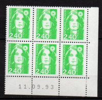 Coin Daté - YT N° 2820** Marianne De Briat 2,40 F Vert  - Bloc De 6 Timbres - Daté Du 11-09-93 - 1990-1999