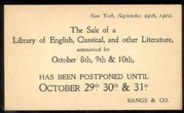 U.S.A.(1902) Literature. Postal Card With Printed Announcement On Back Noting Postponement Of "Sale Of A Library Of Engl - 1901-20