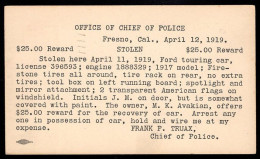 U.S.A.(1919) Auto Theft Reward Card. 2c Postal Card From Chief Of Police, Offering $25 Reward For Recovery Of 1917 Ford - Recordatorios