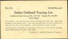 U.S.A.(1920) Auto Theft Reward Card. Postal Card Offering $25 Reward For Recovery Of Oakland Touring Car, Stolen From Ma - Cartes Souvenir