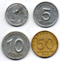 GERMAN DEMOCRATIC REPUBLIC, Set Of Four Coins 1, 5, 10, 50 Pfennig, Aluminum, Year 1949-50, KM # 1, 2, 3, 4 - Otros & Sin Clasificación