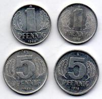 GERMAN DEMOCRATIC REPUBLIC, Set Of Four Coins 1, 1, 5, 5 Pfennig, Aluminum, Year 1968-79, KM # 8.1, 8.2, 9.1, 9.2 - Other & Unclassified