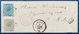 LETTRE 1866 Leopold 1er N°17 & 18 Oblit GC 16 " ARLON " + Càd Entrée Rouge N°614 " BELG / 2 THIONVILLE 2 " Pour METZ TTB - 1865-1866 Profile Left