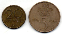 GERMAN DEMOCRATIC REPUBLIC, Set Of Two Coins 20 Pfennig, 5 Mark, Brass, Nickel-Bronze, Year 1969, KM # 11, 22.1 - Other & Unclassified