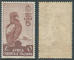 1938 AFRICA ORIENTALE ITALIANA POSTA AEREA 5 LIRE MACCHIE SU GOMMA MH * - I41 - Italian Eastern Africa