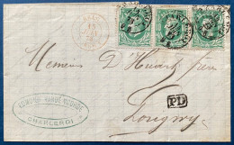 LETTRE 1873 Leopold N°30 X3 Oblit Càd " CHARLEROY " + RR Càd Entrée Rouge N°601 " BELG / LONGWY " Pour LORIGNY TTB - 1865-1866 Profile Left