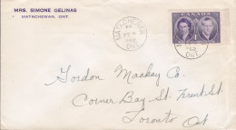 Canada MRS. SIMONE GELINAS, MATACHEWAN, Ont. 1952 Cover Brief Lettre TORONTO Ont. Royal Visit Stamp - Lettres & Documents