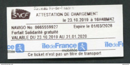 Ticket De Train / RER /Métro / Bus / Tramways - SNCF - Attestation De Chargement Navigo "Ile-de-France-Mobilités" - Sonstige & Ohne Zuordnung