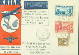 Indochine Enveloppe + Cachet 1ère Liaison Postale Aérienne 1er Vol De La KNILM Saigon Singapore Batavia 31 8 1938 - Poste Aérienne