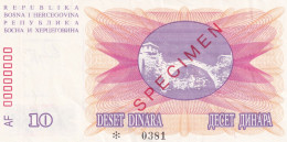 BOSNIA AND HERZEGOVINA, SPECIMEN 10 Dinars, Pick- 10, 1.7.1992 - Bosnia And Herzegovina