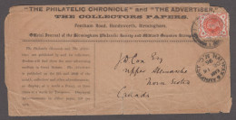 1896 (Dec 4) "The Philatelic Chronicle And The Advertiser" Printed Wrapper With 1887 1/2d Vermilion Tied Birmingham Cds - Brieven En Documenten