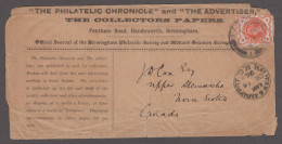 1896 (Dec 4) "The Philatelic Chronicle And The Advertiser" Printed Wrapper With 1887 1/2d Vermilion Tied Birmingham Cds - Covers & Documents