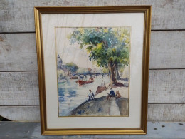 Tableau Aquarelle Paris Bord De Seine Animée Ca1960 - Aquarelles