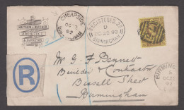 1892 (Oct 22) Advertising Envelope Sent Registered Within Birmingham With 1887 3d Jubilee Tied By "75" Numeral - Cartas & Documentos