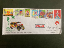 LETTRE Illustrée JEEPNEY Par Avion Pour La FRANCE TP LEGIO MARIAE P1.00 + RED CROSS P1.00 + PASKO P1.00 + CHILDREN P1.00 - Filippine