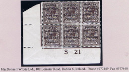 Ireland 1922 Dollard Rialtas 5-line 9d Agate Control S21 Imperf Corner Block Of 6 Fresh Mint - Ongebruikt