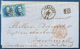 LETTRE Medaillon N°15 Paire Oblitérée GC 196 De JEMMAPES + Càd Entrée N°578 " BELGIQUE / DOUAI " Pour BANTOUZELLE FRANCE - 1863-1864 Médaillons (13/16)