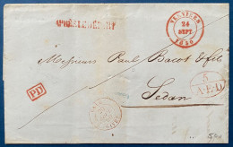 LETTRE 24 SEPT 1850 " VERVIERS " Pour SEDAN + Griffe N°1515 (5 / AED) + PD + Entrée N°627 " BELG, / GIVET " TTB - 1830-1849 (Belgique Indépendante)