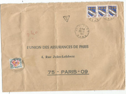 BLASON 10C TROYES BANDE DE 3 GRANDE LETTRE 32 ST CLAR 29.9.1971 GERS POUR PARIS TAXE 40C FLEURS - 1941-66 Wapenschilden