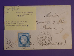 AB0  FRANCE BELLE LETTRE  1875 ETOILE DE PARIS N°11 THEATRE FRANCAIS POUR BORDEAUX + CERES N°60 +AFF. INTERESSANT++ - 1849-1876: Classic Period