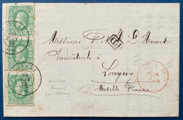 LETTRE 1874 Leopold N°30 X3 Oblit Càd " CHIMAY" + Càd Entrée Rouge N°573 " BELGIQUE / AVESNES SUR HELPE " Pour LONGWY - 1865-1866 Profile Left