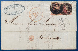 LETTRE 1854 Medaillon N°8 Paire Obl Barres 93 De " BRUGES " + Càd Entrée N°595 " BELG. / 6 LILLE 6 " Pour BORDEAUX - 1851-1857 Medallions (6/8)