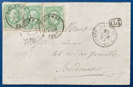 LETTRE 1874 Leopold N°30 X3 Variété 30V15 Càd " TOURNAY " +Càd Entrée N° 961 " PAYS-BAS / ARRAS PARIS B " Pour BORDEAUX - 1865-1866 Profile Left