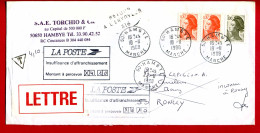 1988 - Lettre Pour RONCEY (50) - Taxée Pour Insuffisance D'affranchissement + Retour à L'envoyeur - 1960-.... Storia Postale