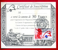 1989 - Certificat De Souscription Pour L'exposition PHILEXFRANCE 89 - Timbre N°2524 Et Cachet De L'expo PHILEXFRANCE - Brieven En Documenten