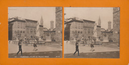 Carte Stéréoscopique 9cm X18 Cm . ITALIE. FLORENCE. Place Du Palais-Vieux (animée) - Firenze (Florence)