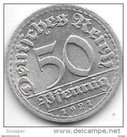 Weimar Rep 50   Pfennig 1921 D Km 27   Xf+!!!! Catalog Val. 7,00$ - 50 Renten- & 50 Reichspfennig