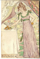 FEMME ART NOUVEAU  GOURMANDE  -   DESSINS AQUARELLE  REALISEE SUR CARTE POSTALE  PAPIER A DESSIN  1901 - Acuarelas