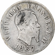 Italie, Vittorio Emanuele II, 50 Centesimi, 1867, Naples, B+, Argent, KM:14.2 - 1861-1878 : Victor Emmanuel II.