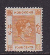 HONG KONG  - 1938 George VI 4c Hinged Mint - Unused Stamps