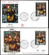 France 1963 Y&T 1377. 2 FDC, Vitrail De L'église Ste Foy, Conches. Curiosité, Détails Jaune Et Rose En Haut à Droite - Glas & Brandglas