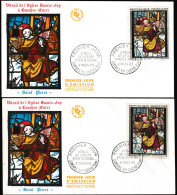 France 1963 Y&T 1377. 2 FDC, Vitrail De L'église Ste Foy, Conches. Curiosité, Doublure Rouge De L'étoffe Jaune - Verres & Vitraux