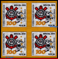 Ref. BR-3146-Q2 BRAZIL 2010 - CORINTHIANS SPORT CLUB,UNUSUAL, STAMP IN CLOTH, BLOCK MNH, FOOTBALL SOCCER 4V Sc# 3146 - Famous Clubs