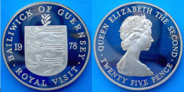 GUERNSEY 25 P 1978 ARGENTO PROOF ROYAL VISIT PESO 28,76g TITOLO 0,925 CONSERVAZIONE FONDO SPECCHIO UNC. - Guernsey